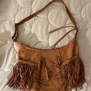 Authentic vintage Lucky bag with fringe, tan brown leather